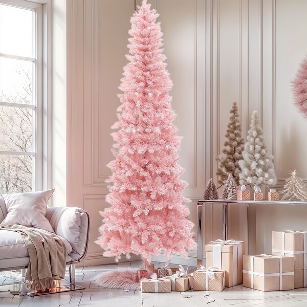 7Ft PreLit Pink Slim Hinged Artificial Christmas Tree with 8 Lighting Modes