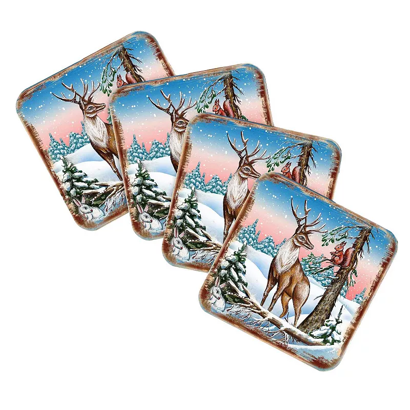 Deer Wooden Cork Coasters Gift Set of 4 by Nature Wonders