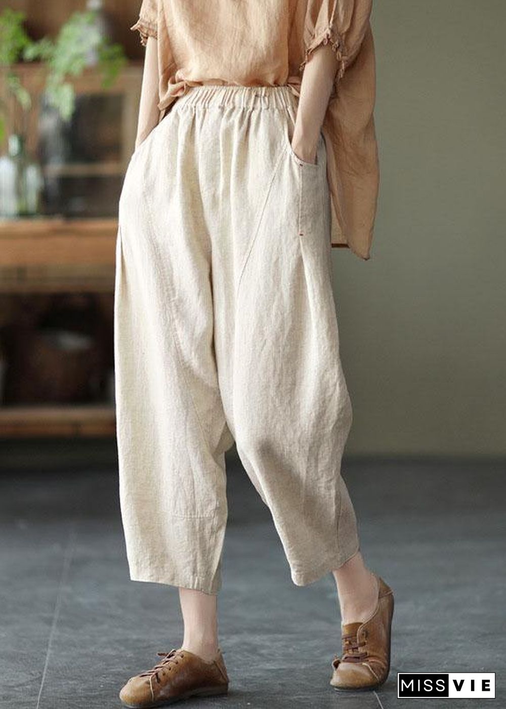 Natural yellow-half pattern Elastic Waist Summer Linen Harem Pants