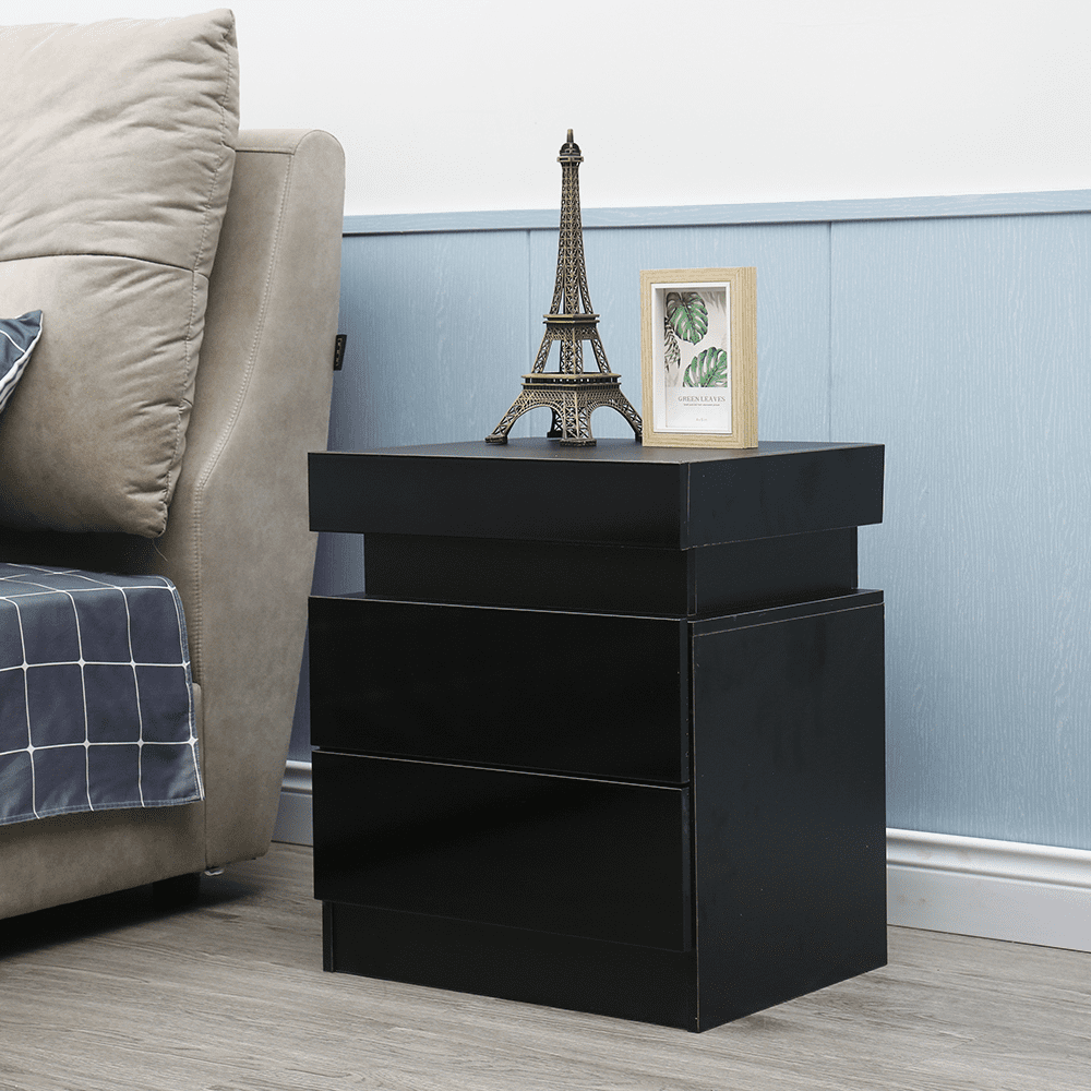 Oukaning Modern High Gloss Nightstand with 2 Drawers Modern LED RGB Bedside Table Storage(Black)