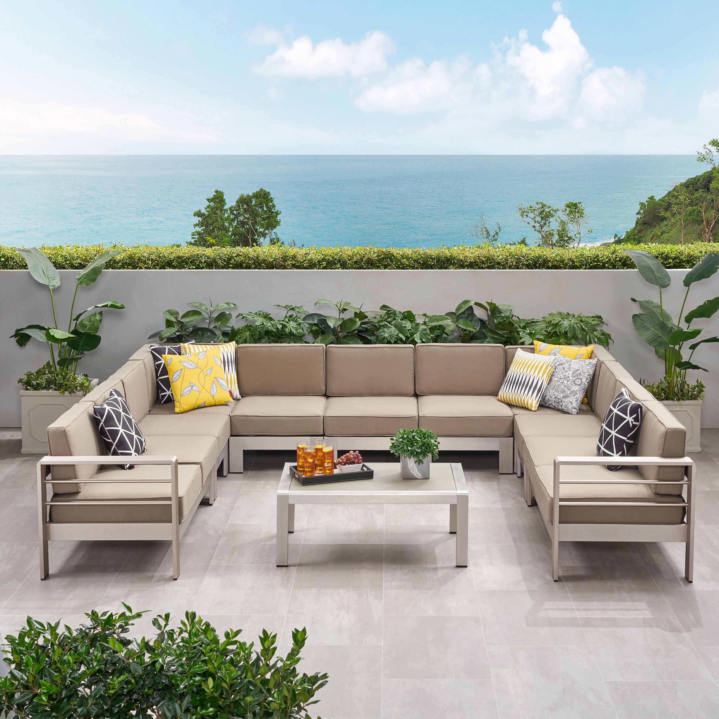 Enid Outdoor 11 Seater Aluminum U-Shaped Sofa Sectional and Table Set