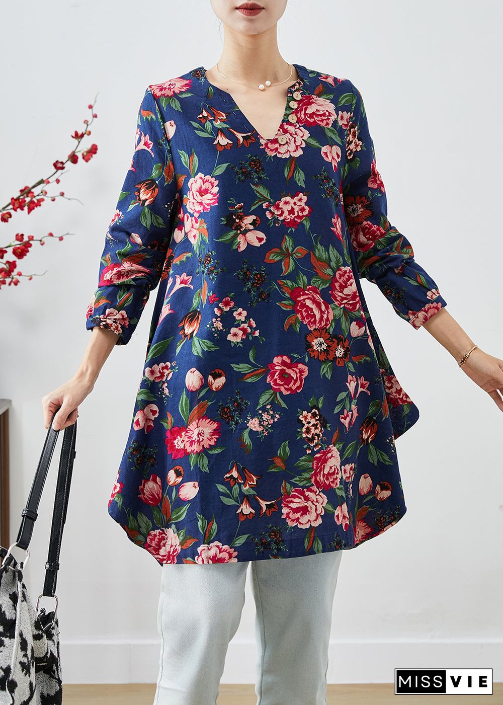 Handmade Navy V Neck Print Linen A Line Dresses Fall