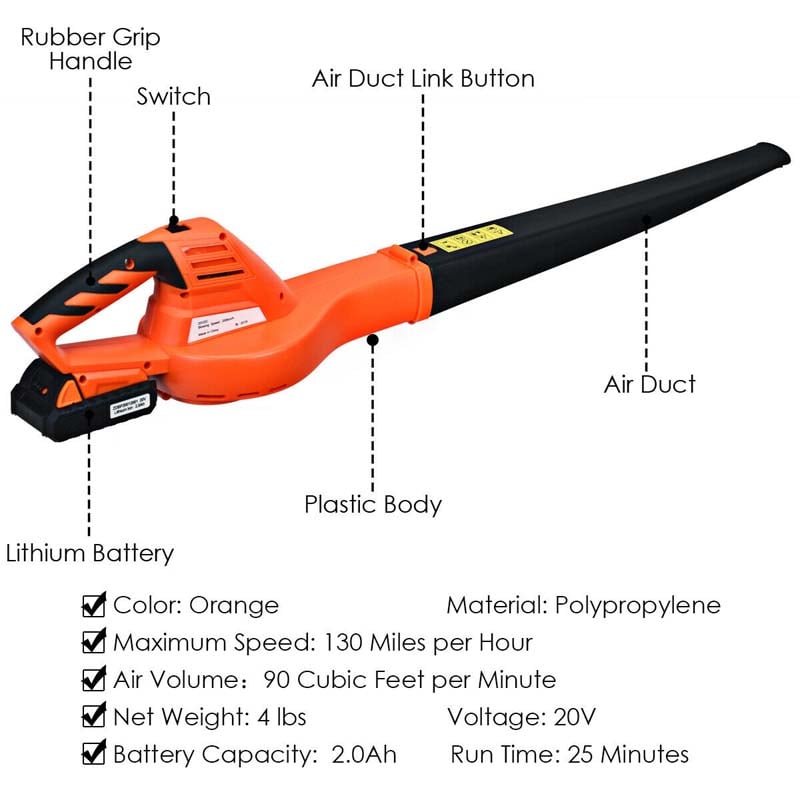 Cordless Leaf Blower, 130 MPH 90 CFM Electric Dust Blower, 20V 2.0Ah Battery Powered Blower, Lightweight Handheld Sweeper for Garden