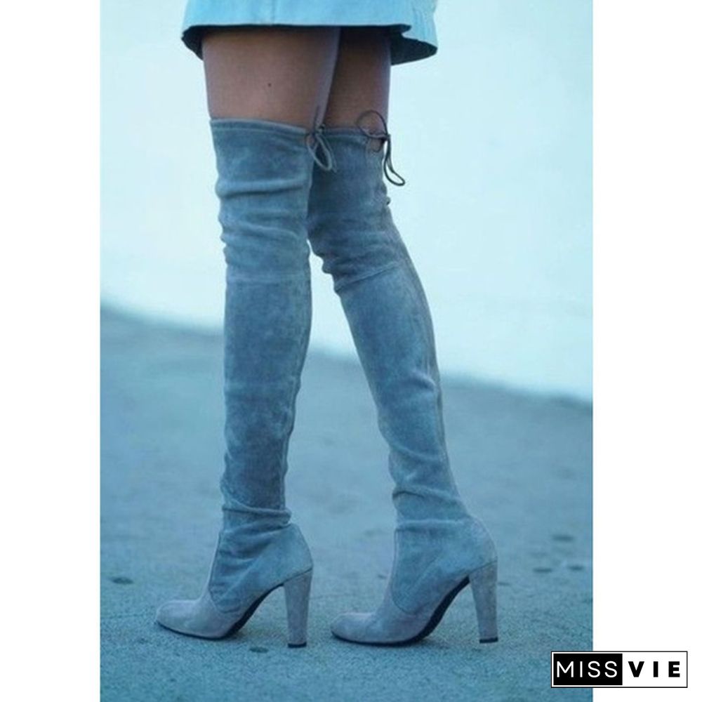 New Women's Fashion Over Knee High Boot Lace Up Sexy Stretch Slim Thigh High Heel Long Thigh Boots Shoes