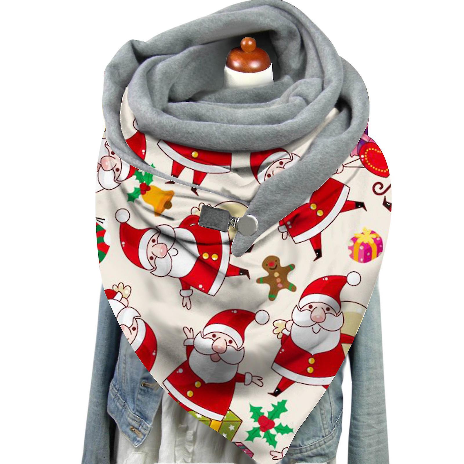 Women Christmas Printing Scarf Fashion Retro Multi-purpose Shawl Button Scarf