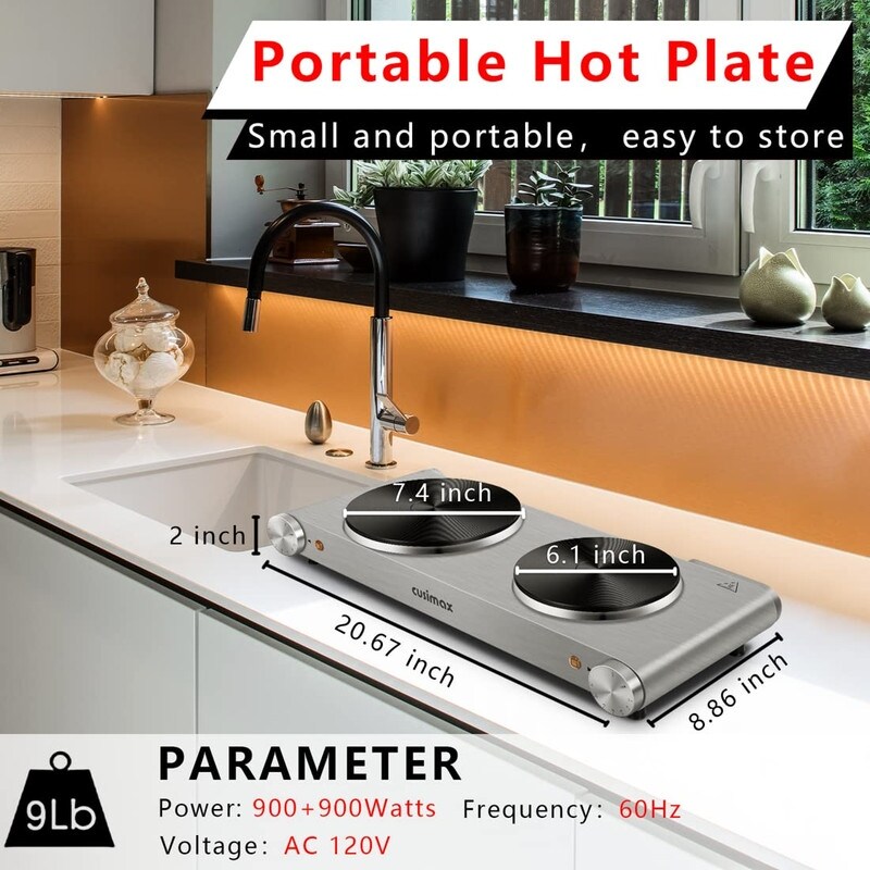 Elexnux Portable 1800 Watt 2 Burner Electric Hot Plate  7.4 in. Countertop Burners With 7 Heat Settings