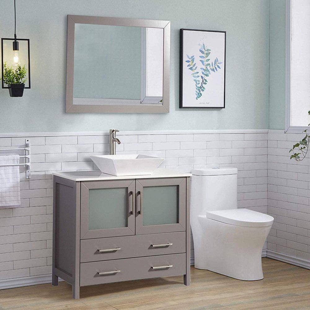 Vanity Art Ravenna 36 in. W Bathroom Vanity in Grey with Single Basin in White Engineered Marble Top and Mirror VA3136-G