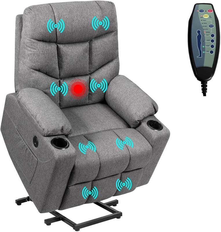 Heated Power Lift Recliner Fabric Massage Reclining Sofa, Elderly Lift Chair with 8 Point Massage, 2 Side Pockets Cup Holders, USB Port