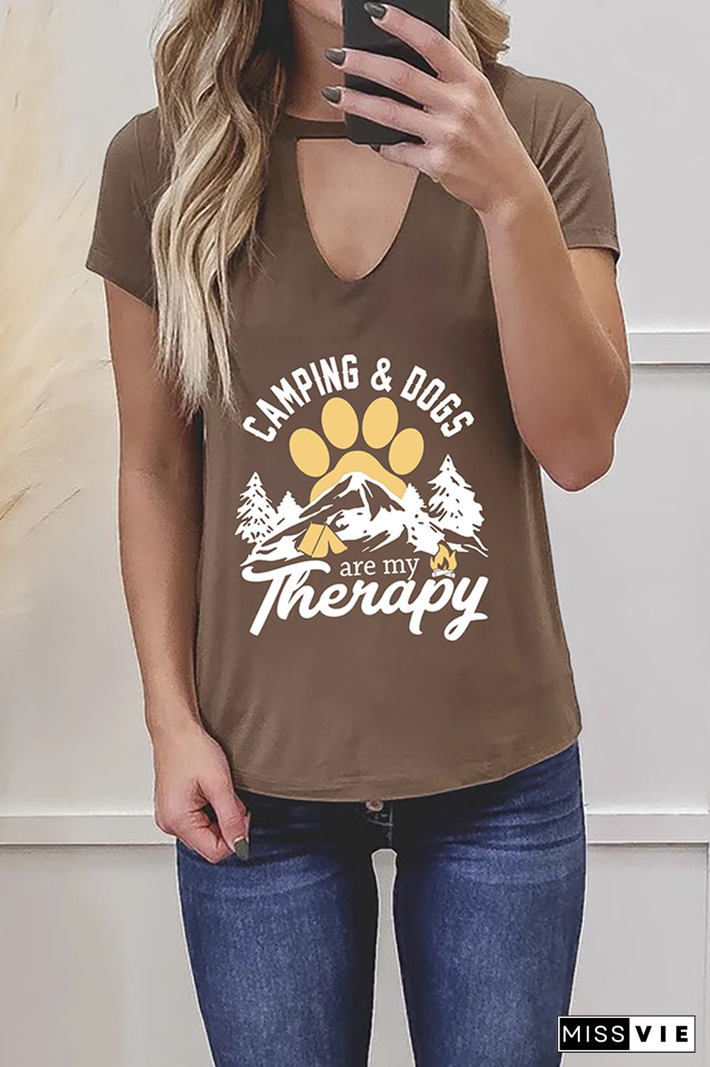 Camping and Dogs are my Therapy Graphic Tees for Women Wholesale Short Sleeve T shirts Top