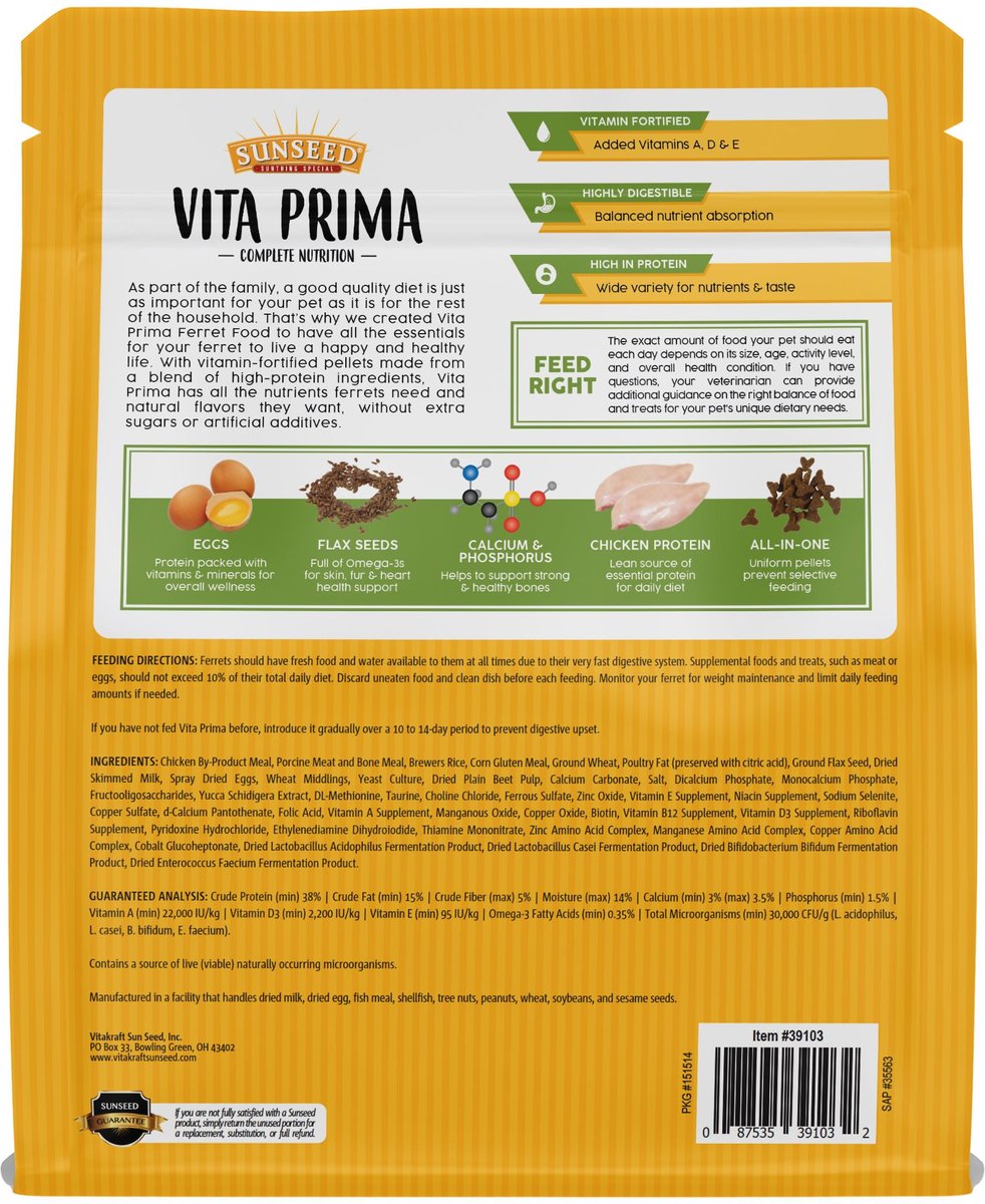 Sunseed Vita Vitamin-Fortified With Essential Nutrients Prima Dry Ferret Food， 3-lb bag