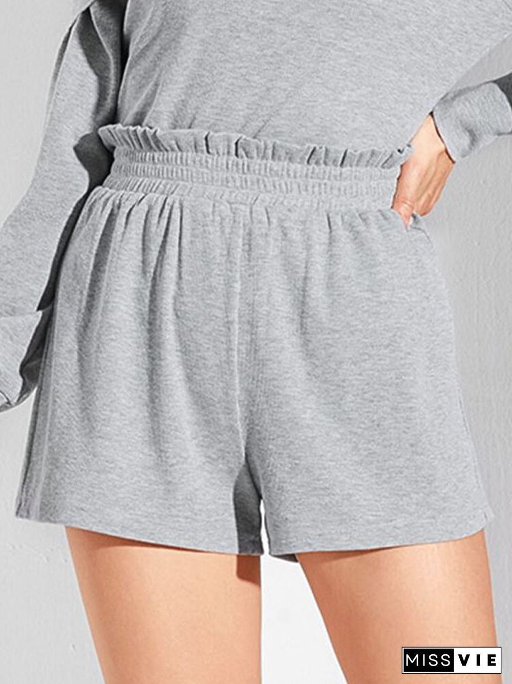 Solid Color Plain Elastic Waist Pleated Casual Shorts for Women