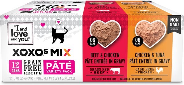 I and Love and You XOXO Chicken and Beef Pate Grain-Free Variety Pack Canned Cat Food， 3-oz can， case of 12