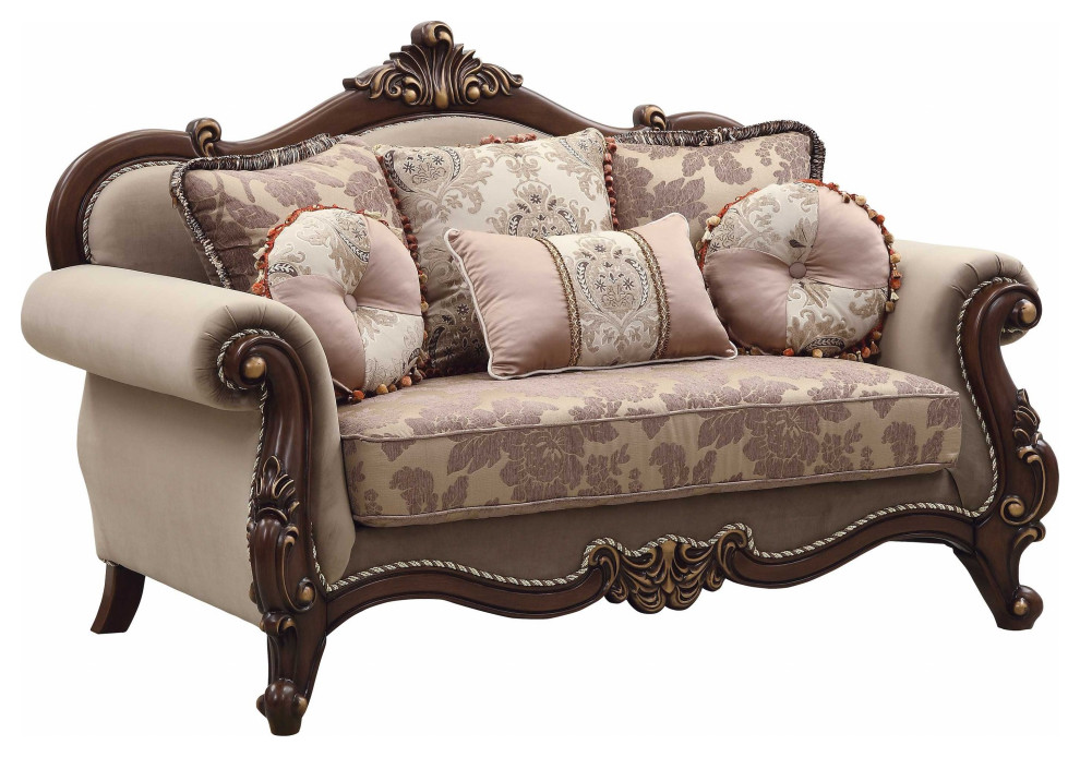 38 quotX 69 quotX 45 quotFabric Walnut Upholstery Wood Legtrim Loveseat W6 Pillows   Victorian   Loveseats   by HomeRoots  Houzz