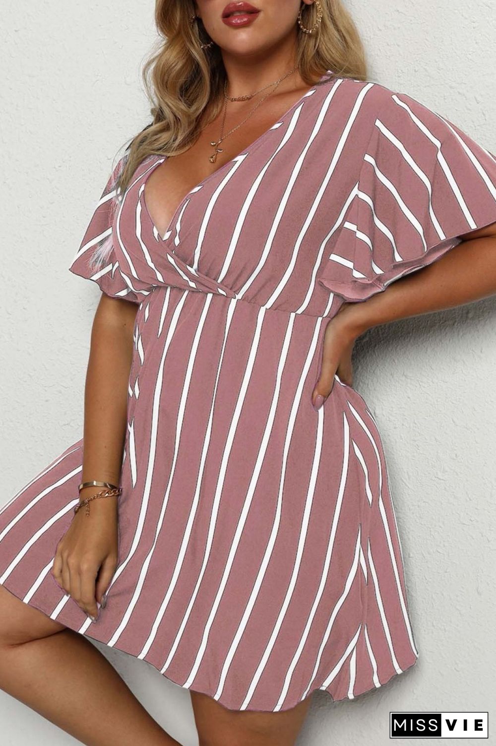 Black Casual Striped Print Patchwork V Neck Short Sleeve Dress Plus Size Dresses