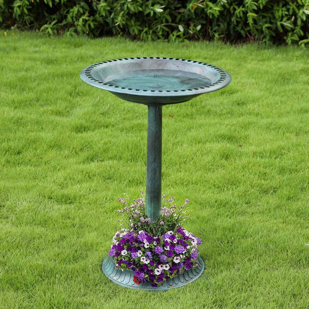 VIVOHOME 28 in. H Polyresin Lightweight Birdbath with Flower Planter Base in Green X0024G1EE5