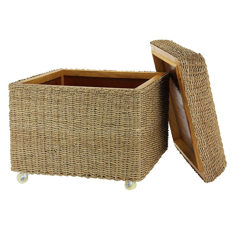 Household Essentials Rolling Seagrass Wicker Storage Ottoman with Lid