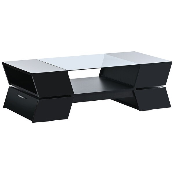 Modern 2-Tier Glass-Top Coffee Table With Open Shelves and Cabinets