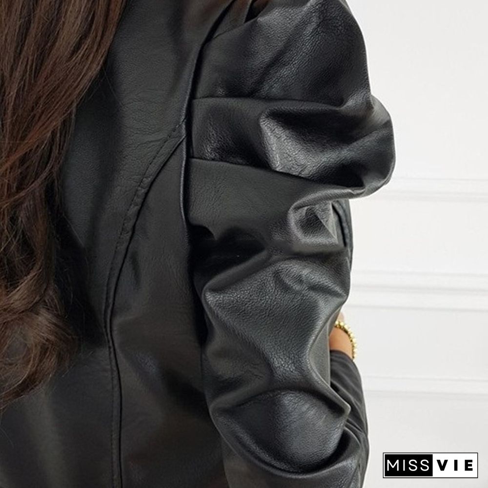 Black Faux Leather Jacket For Women Fashion Pu Leather Lady Coat Jackets With Zipper Outerwear Long Sleeve O Neck Female Top