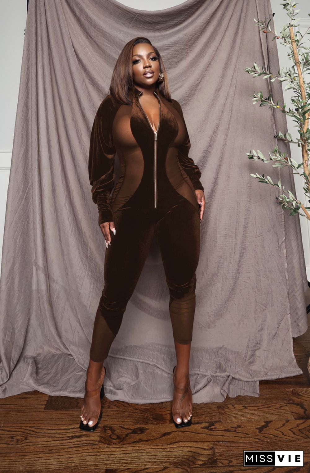 Patchwork Mesh Velvet Front Zip Jumpsuit