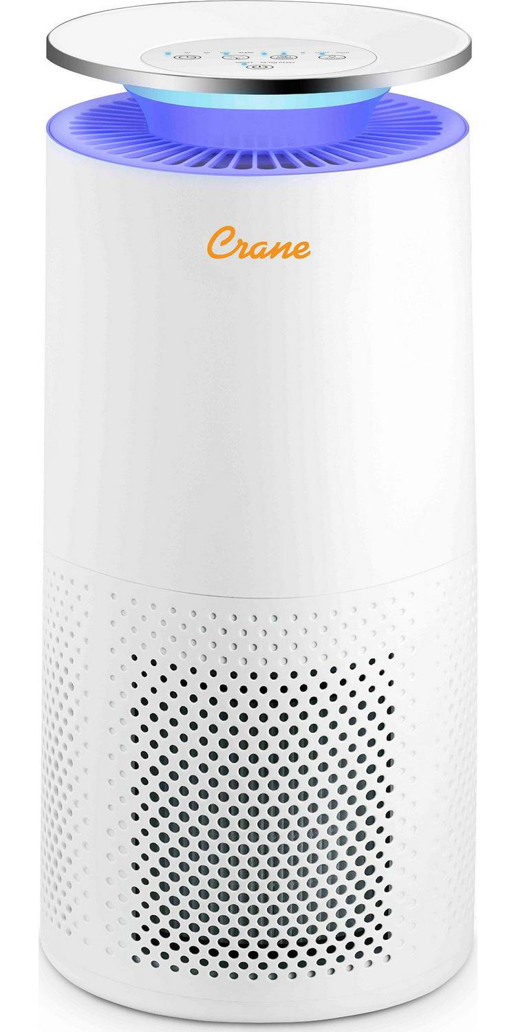 Crane True HEPA Tower Air Purifier with UV Light， 500 Sq Feet Coverage， Multiple Functions， White