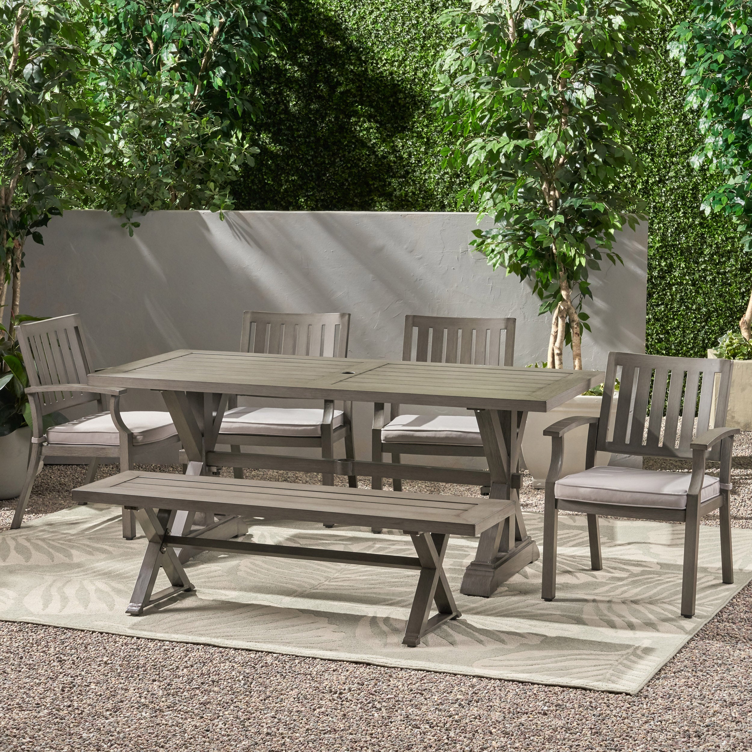 Zoey Outdoor Modern 6 Seater Aluminum Dining Set with Dining Bench