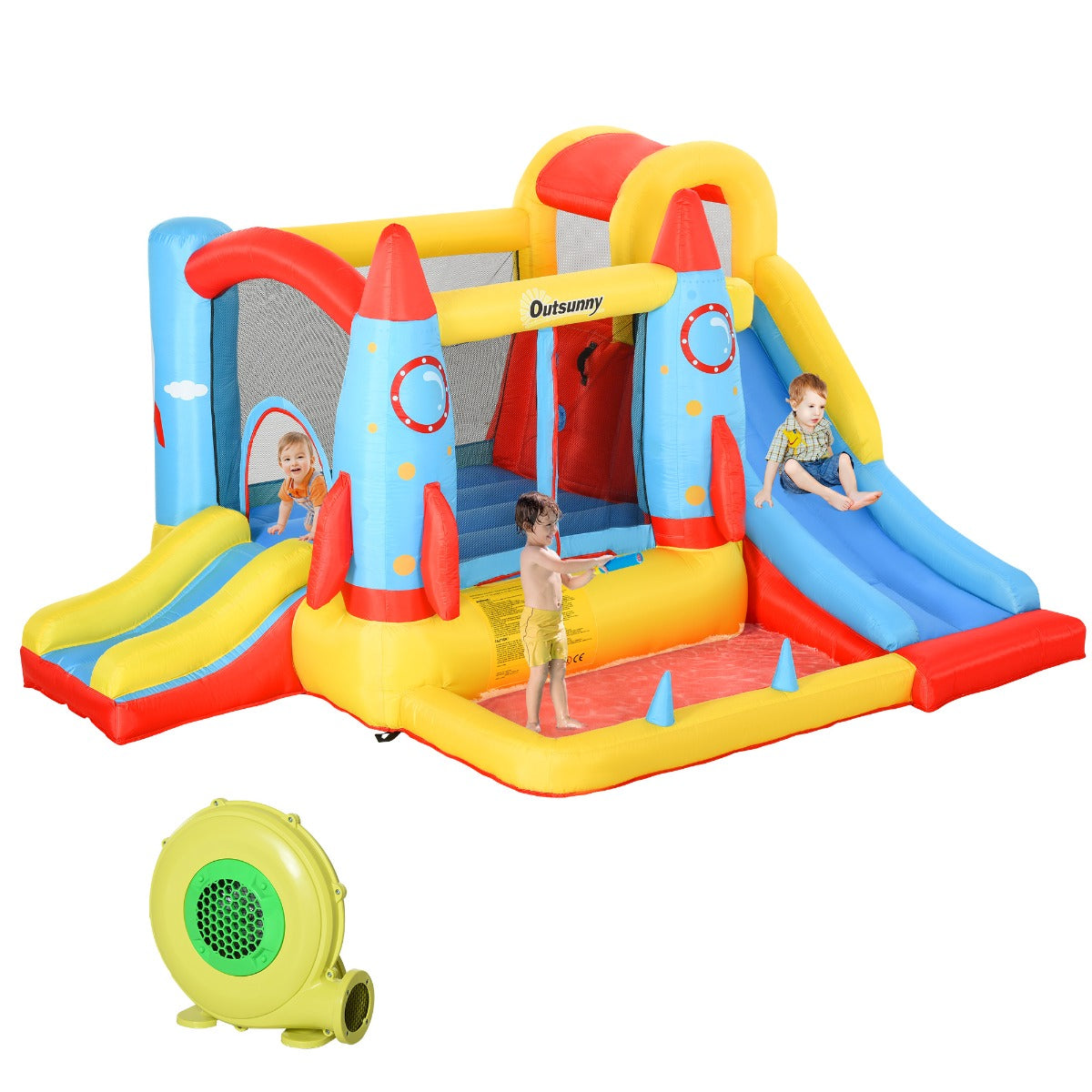 Dcenta 4-in-1 Kids Inflatable House Jumping Castle with 2 Slides, Climbing Wall, Trampoline & Water Pool Area