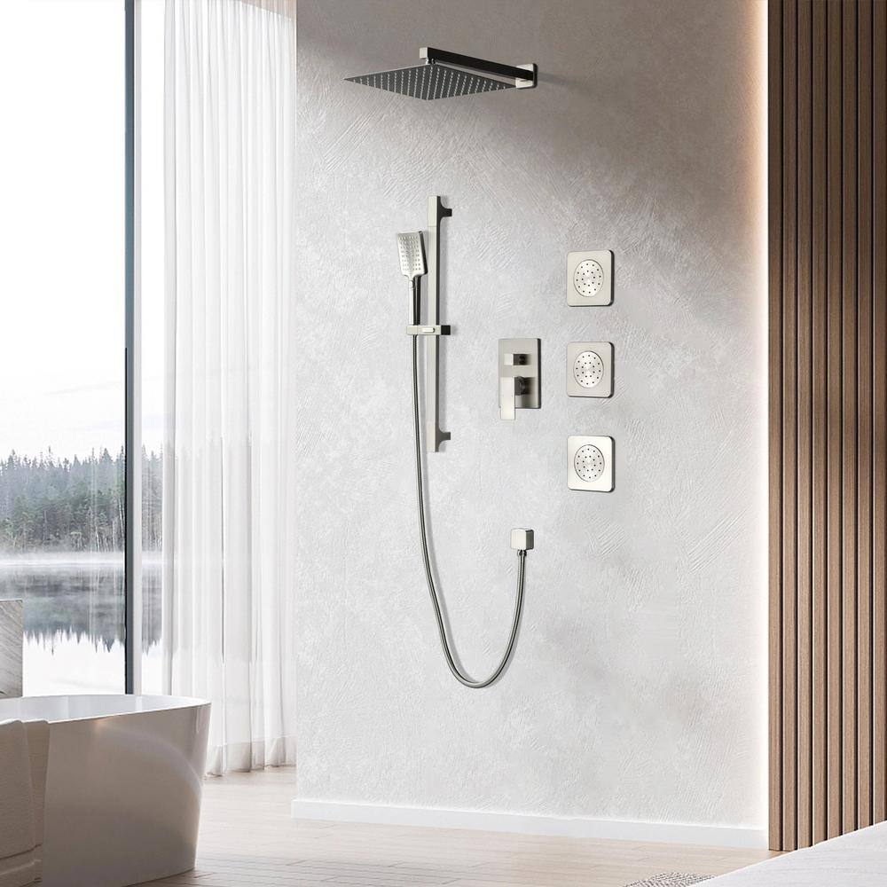 Satico 12 in. 2-Handle 3-Spray Wall Mount Pressure Balance Square Rainfall Shower System with Rough-In Valve in Brushed Nickel WDGSS011