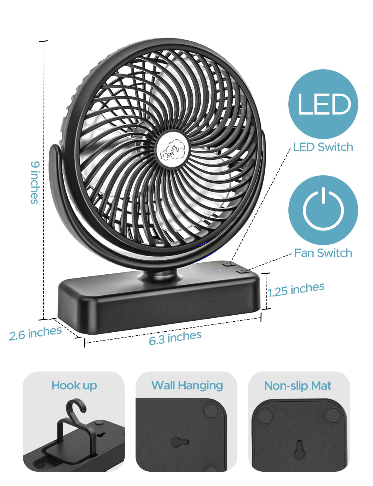 Camp Tent Fan with LED Light, 10000mAh Rechargeable Battery Operated Fan, 360° Rotating 3 Speed Portable Small Desk Fan with Foldable Hang Hook/Mount Hole