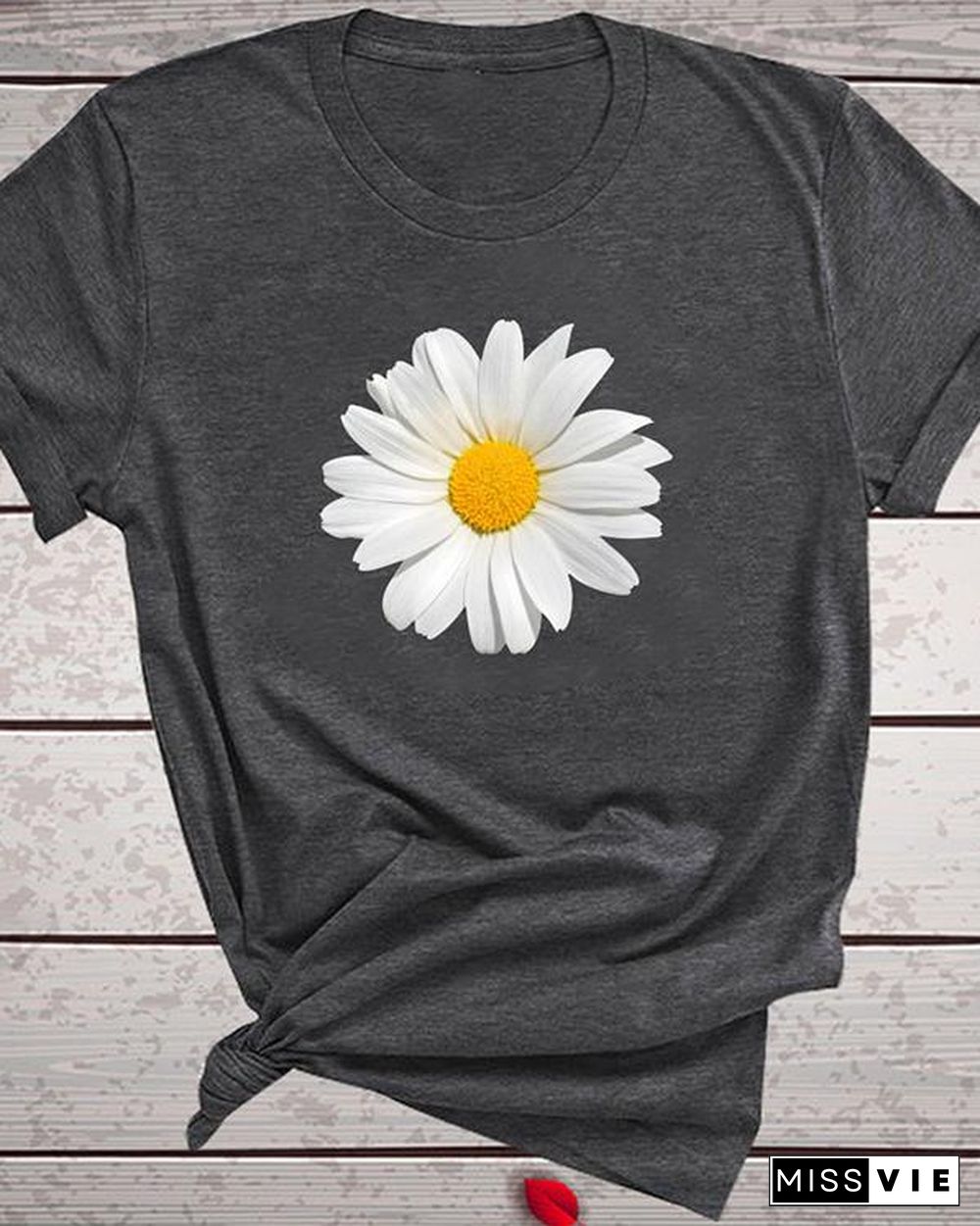 Flower Print T-shirt Ladies Short Sleeve Daily Tops