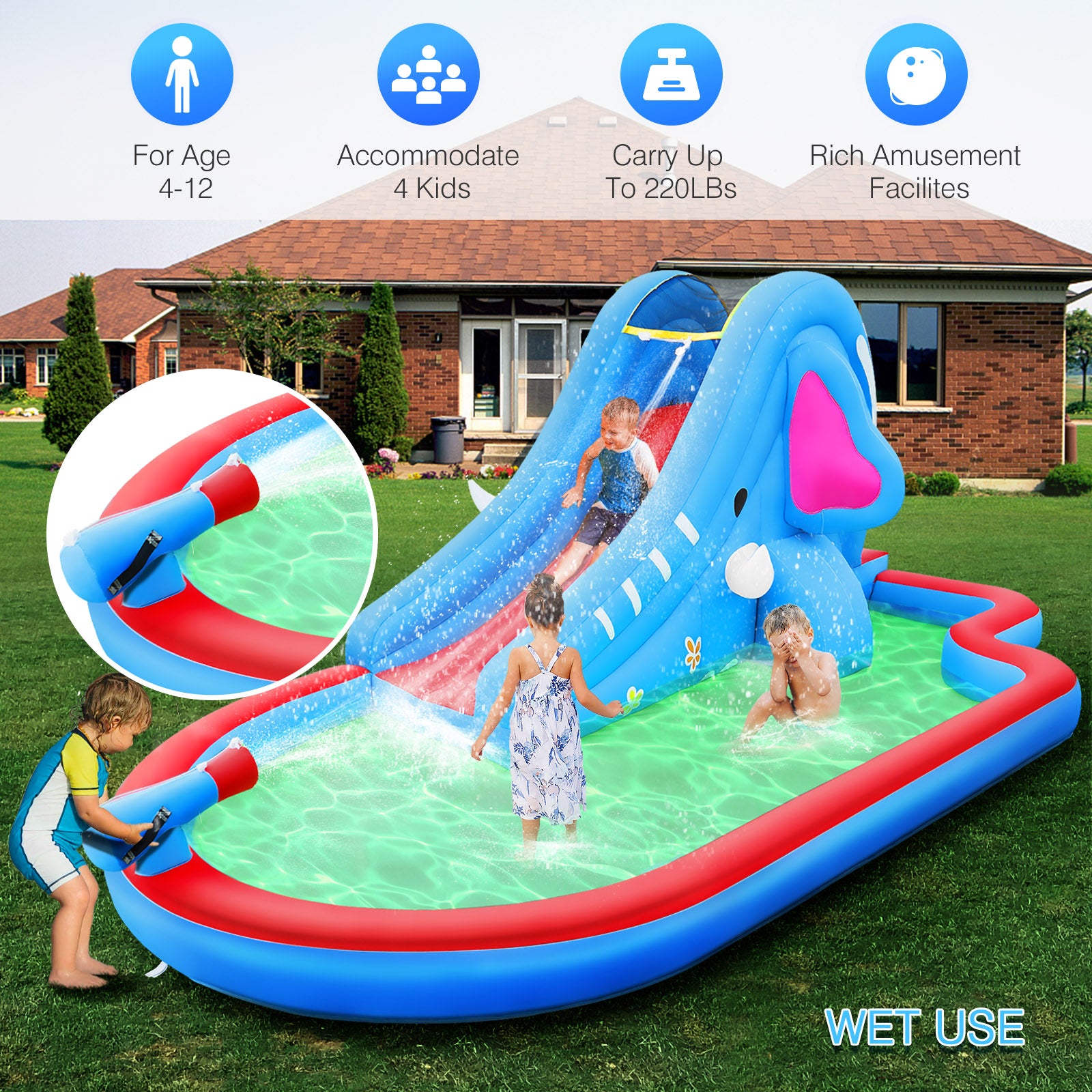 Bouncy Castle Inflatable with Slide Water Park Inflatable Pool Water Slides Spring Castle With Blower for Children From 4 to 12 Years