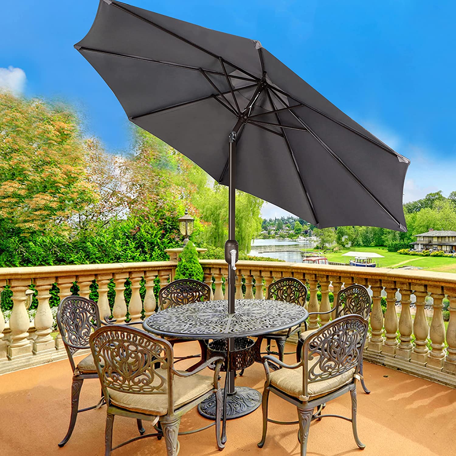 9' Outdoor Market Patio Umbrella with Push Button Tilt and Crank, 8 Ribs (Tan)