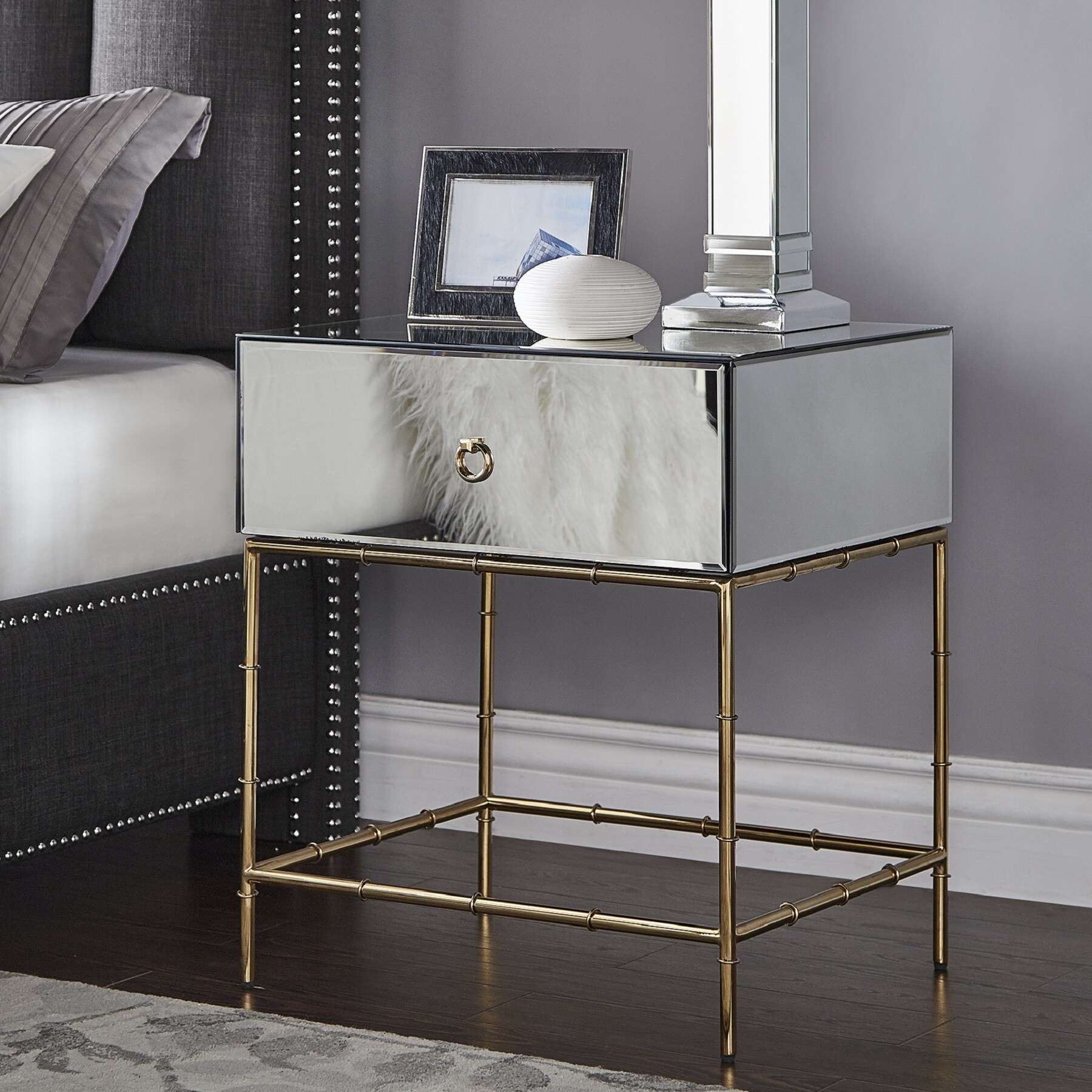 Wade Mirrored Accent Table with Gold Finish Base by iNSPIRE Q Bold