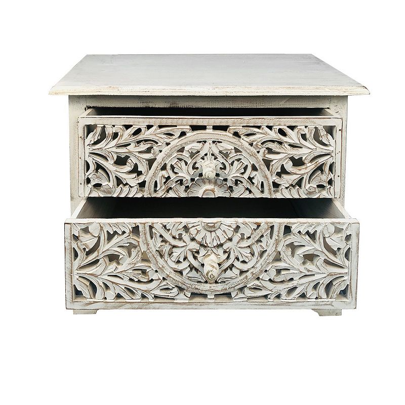 Olta 24 Inch Handcrafted Mango Wood Nightstand Side Table， 2 Drawers， Floral Carved Cut Out Design， Antique White