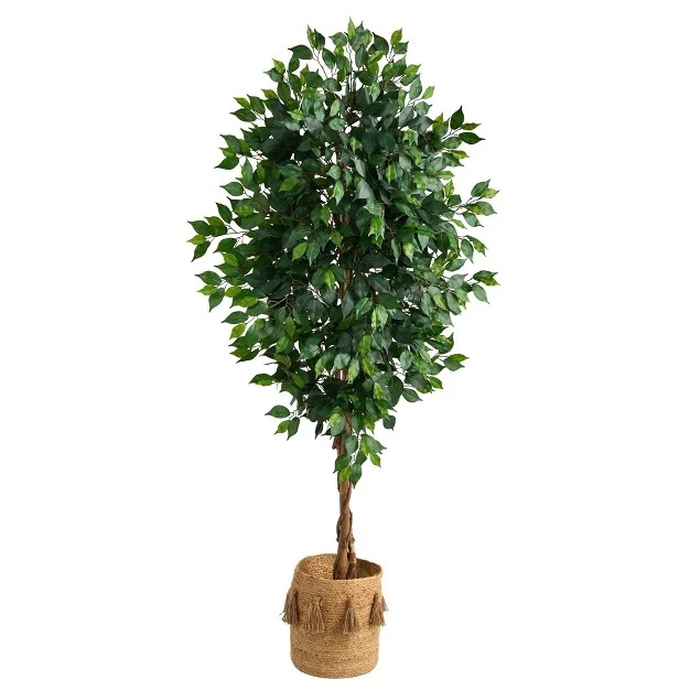 Nearly Natural 6-ft Ficus Artificial Tree With Natural Trunk In Handmade Natural Jute Planter With Tassels