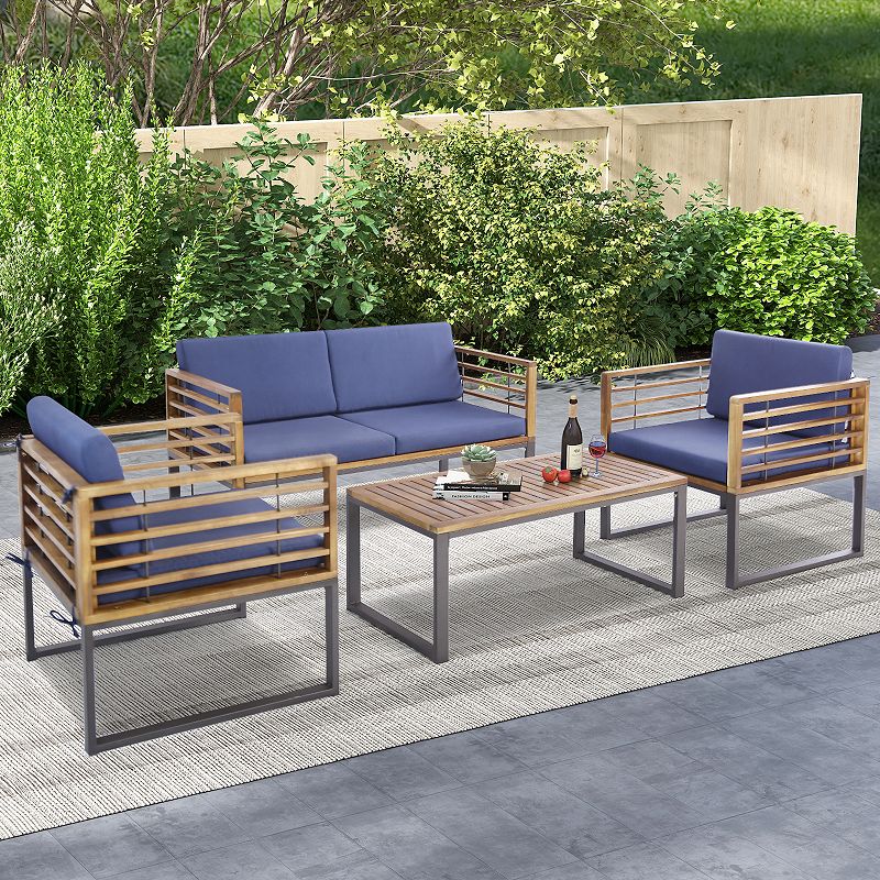 4 Piece Patio Acacia Wood Conversation Set with Soft Seat-Navy