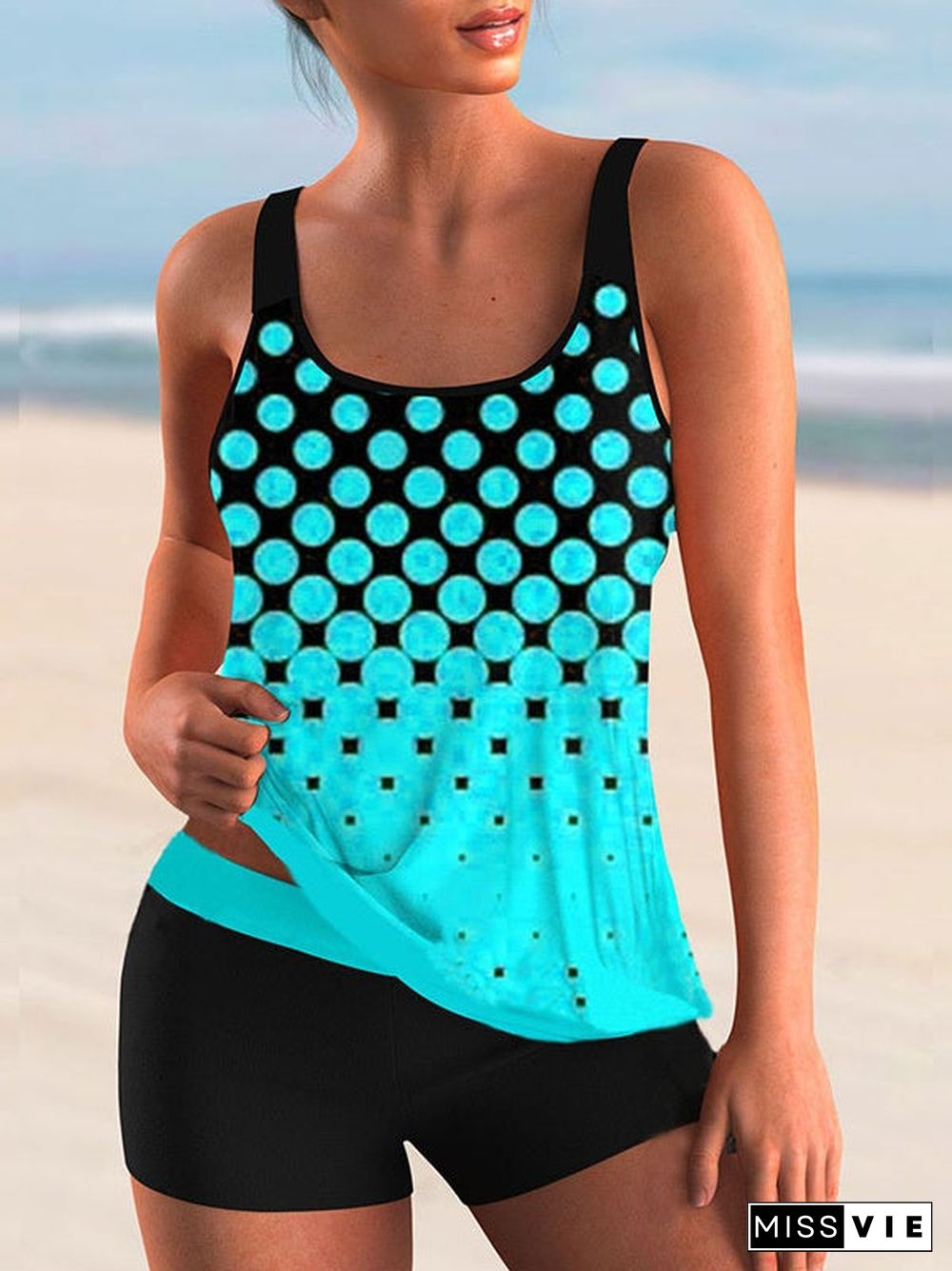 Plus Size Swimwear Sleeveless Colorblock Graphic Printed Tankini