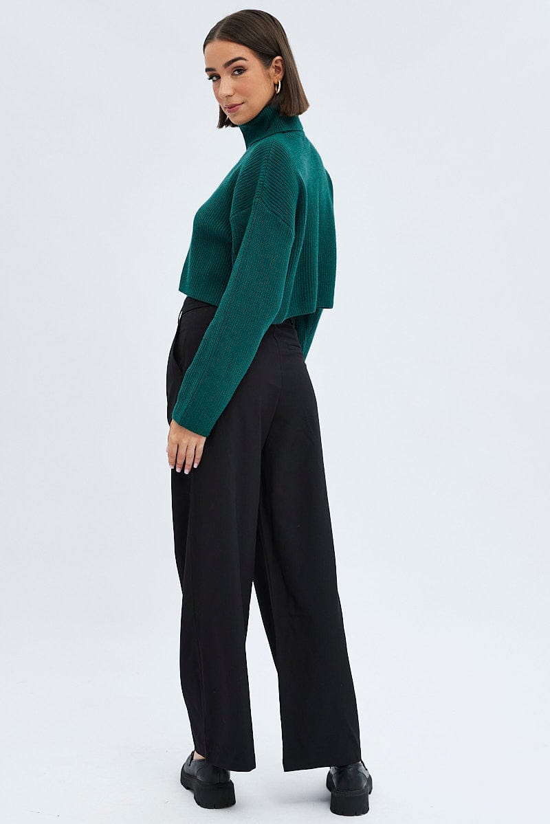 Black Wide Leg Pants Turn Down Waist Low Rise