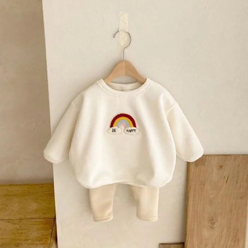 MILANCEL 2pcs Autumn New Children Baby Hoodie Set Toddler Rainbow Fleece Padded Tops + Pants Infant Outwear Clothing