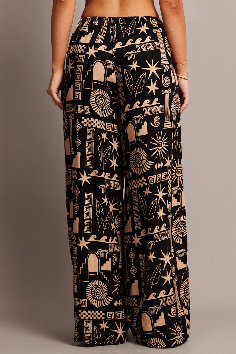 Black Abstract Wide Leg Pants High Rise