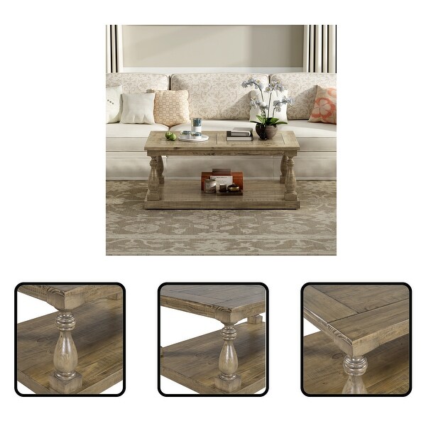 Rustic Solid Pine Wood Floor Shelf Coffee Table with Storage