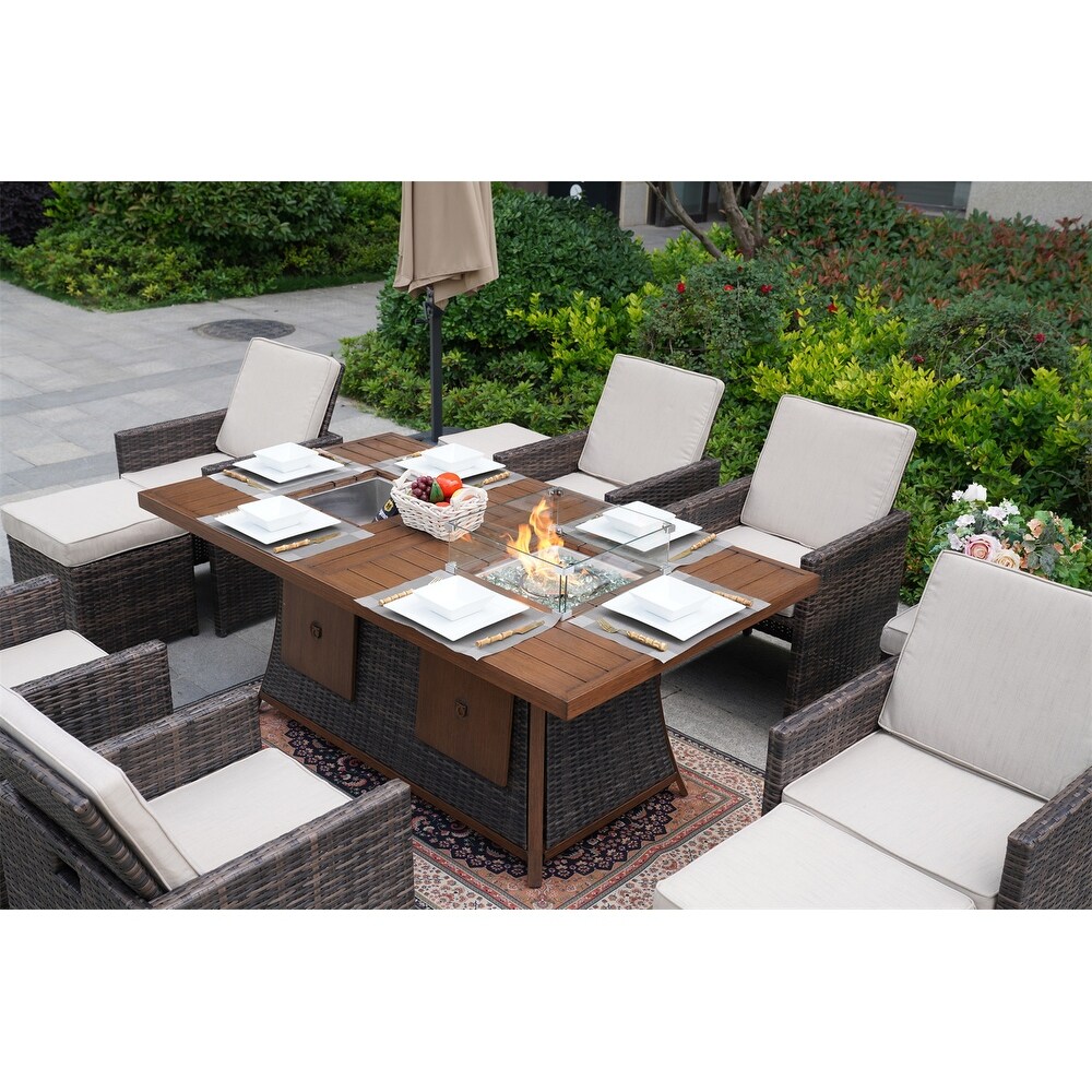 Brown Garden Patio Rectangular Dining Set With Gas Firepit And Ice Bucket and Ottomans