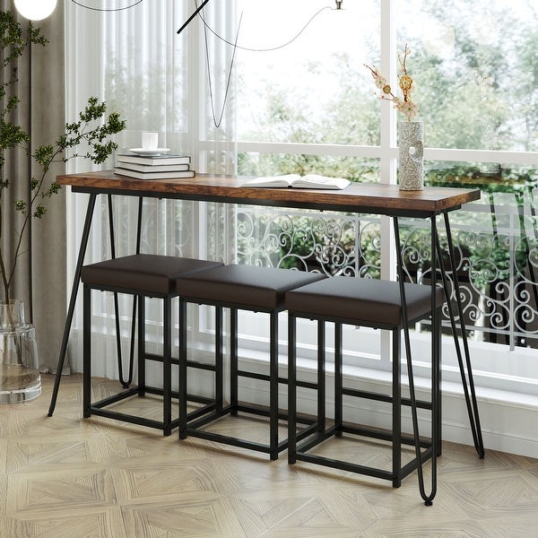 Modern 4 Pieces Counter Height Extra Long Dining Table Set with 3 PU Bar Stools， Rustic Brown Table and Black Stool