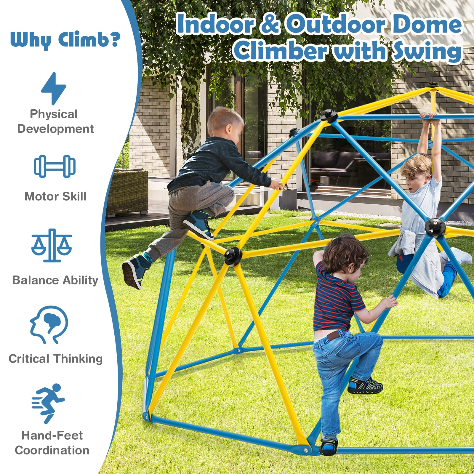 Costzon Climbing Dome with Swing, 10FT Outdoor Jungle Gym Monkey Bar Climbing Toys for Toddlers