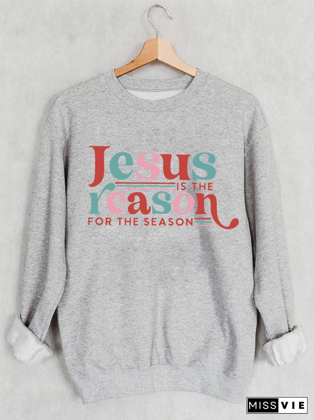 Women's Retro Jesus Is The Reason For The Season Print Long Sleeve Sweatshirt