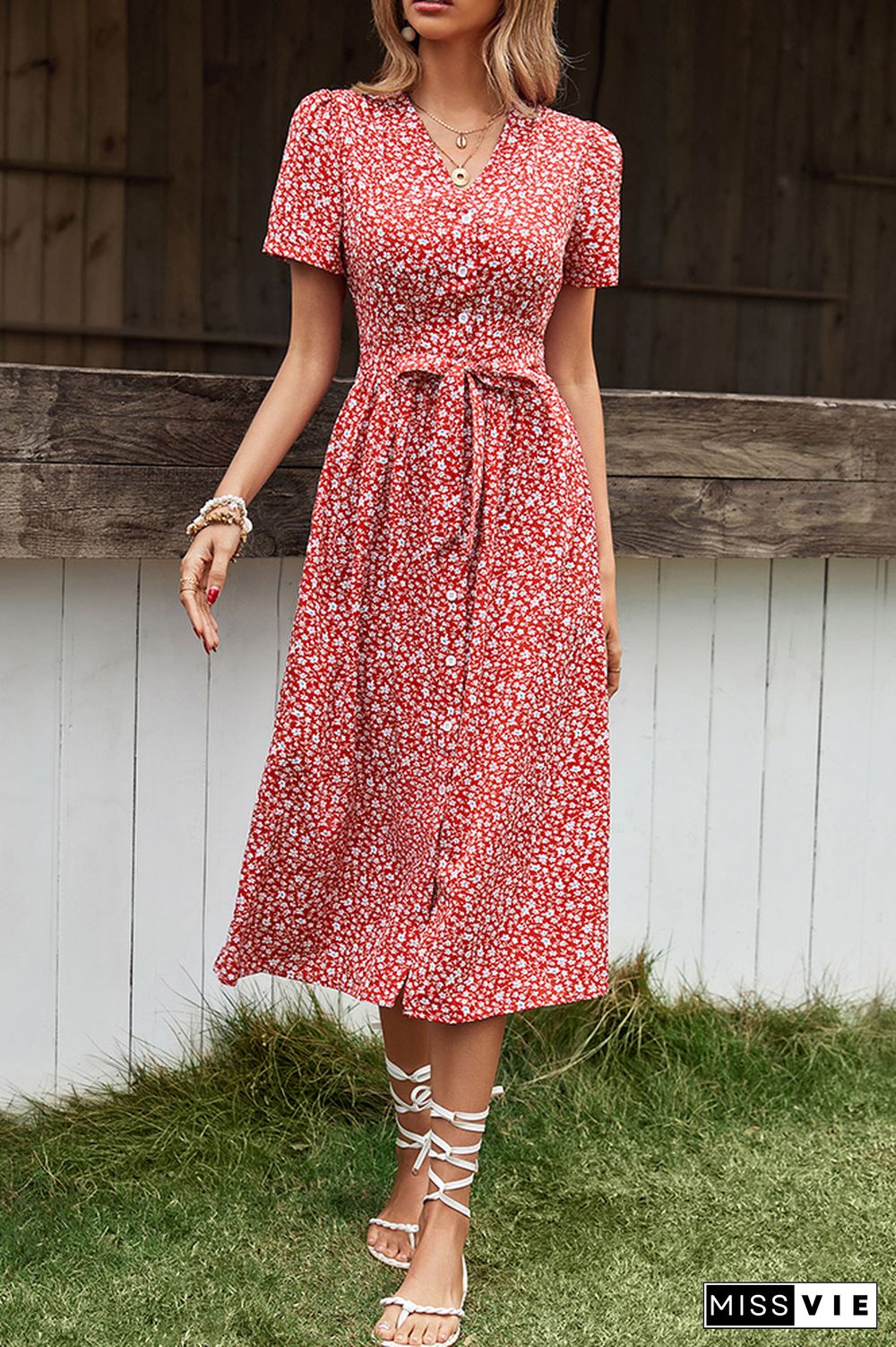 V Neck Red Floral Buttoned Midi Dress