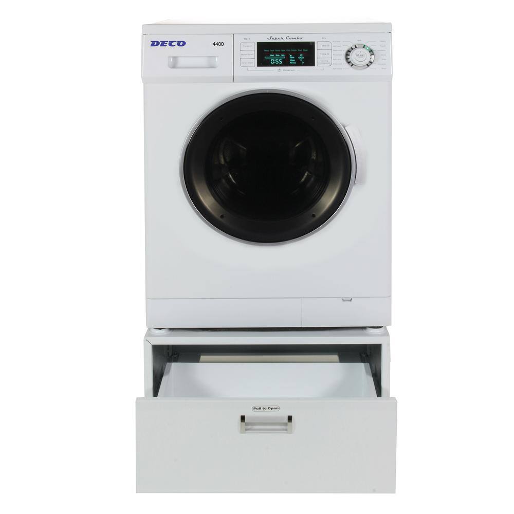 Deco All-in-one 1.6 cu. ft. 110V Compact Combo Washer Dryer with Optional VentedVentless and Sensor Dry w Pedestal in White DC4400W+PDL