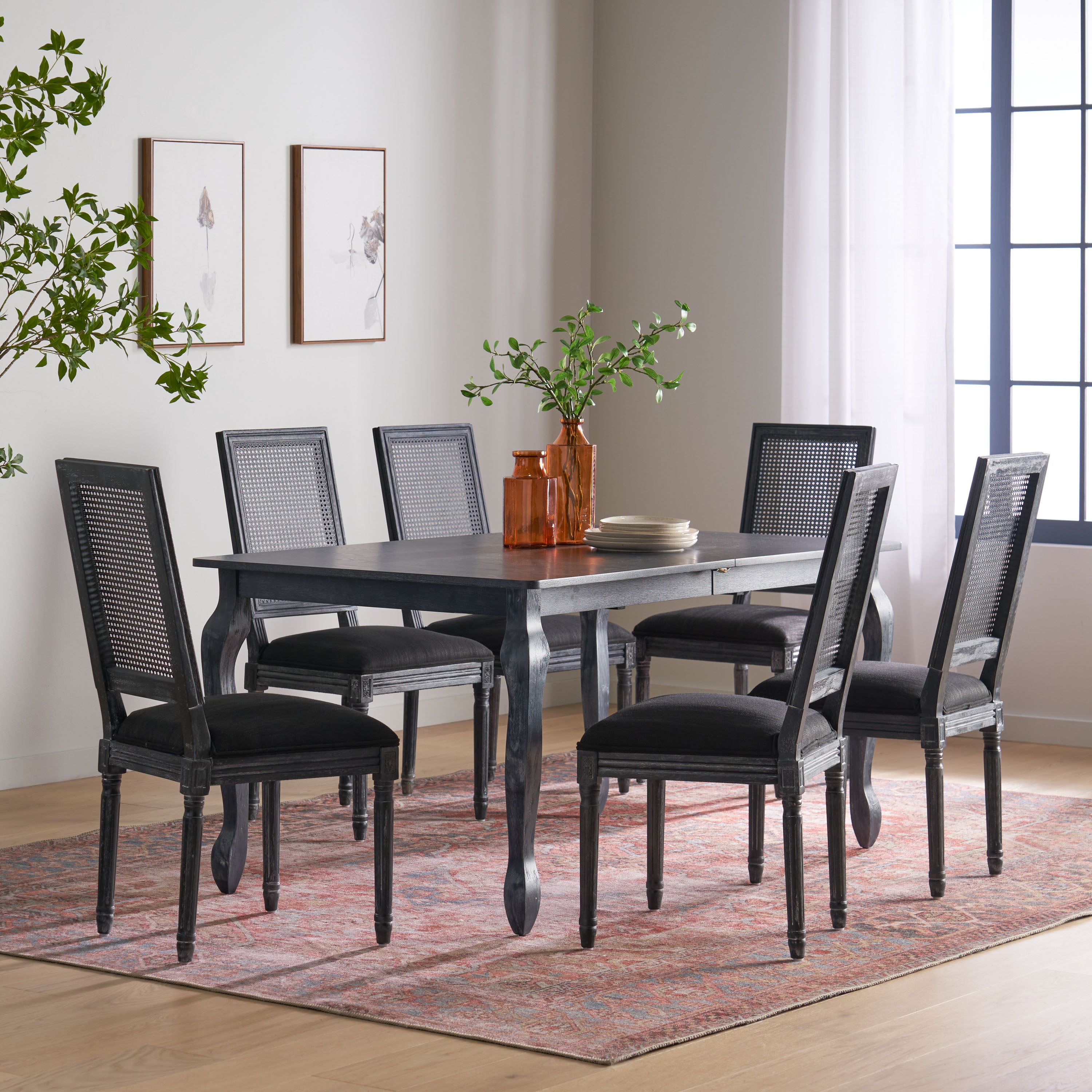 Fernleaf French Country Fabric Upholstered Wood and Cane Expandable 7 Piece Dining Set