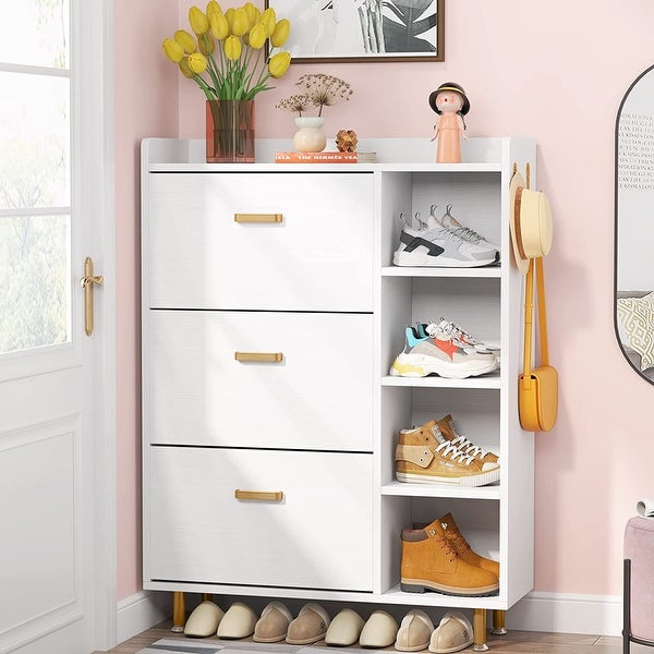 Shoe Storage Cabinet with 3 Flip Drawers and 5 Tiers shelves， Freestanding Wooden Tipping Bucket Shoes Organizer Cabinets - - 35444566