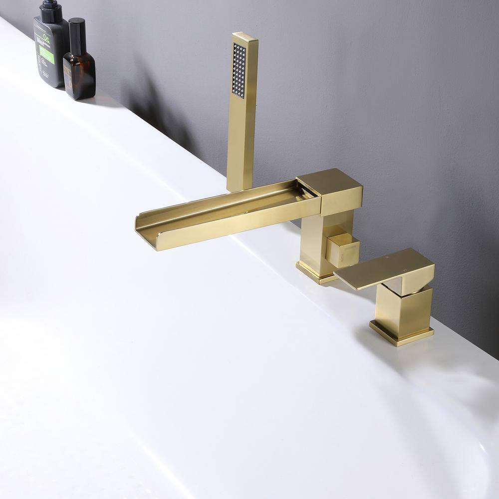 Hlihome 2-Handle Deck Mount Roman Tub Filler Faucet in Brushed Gold RBDK-0929-BG