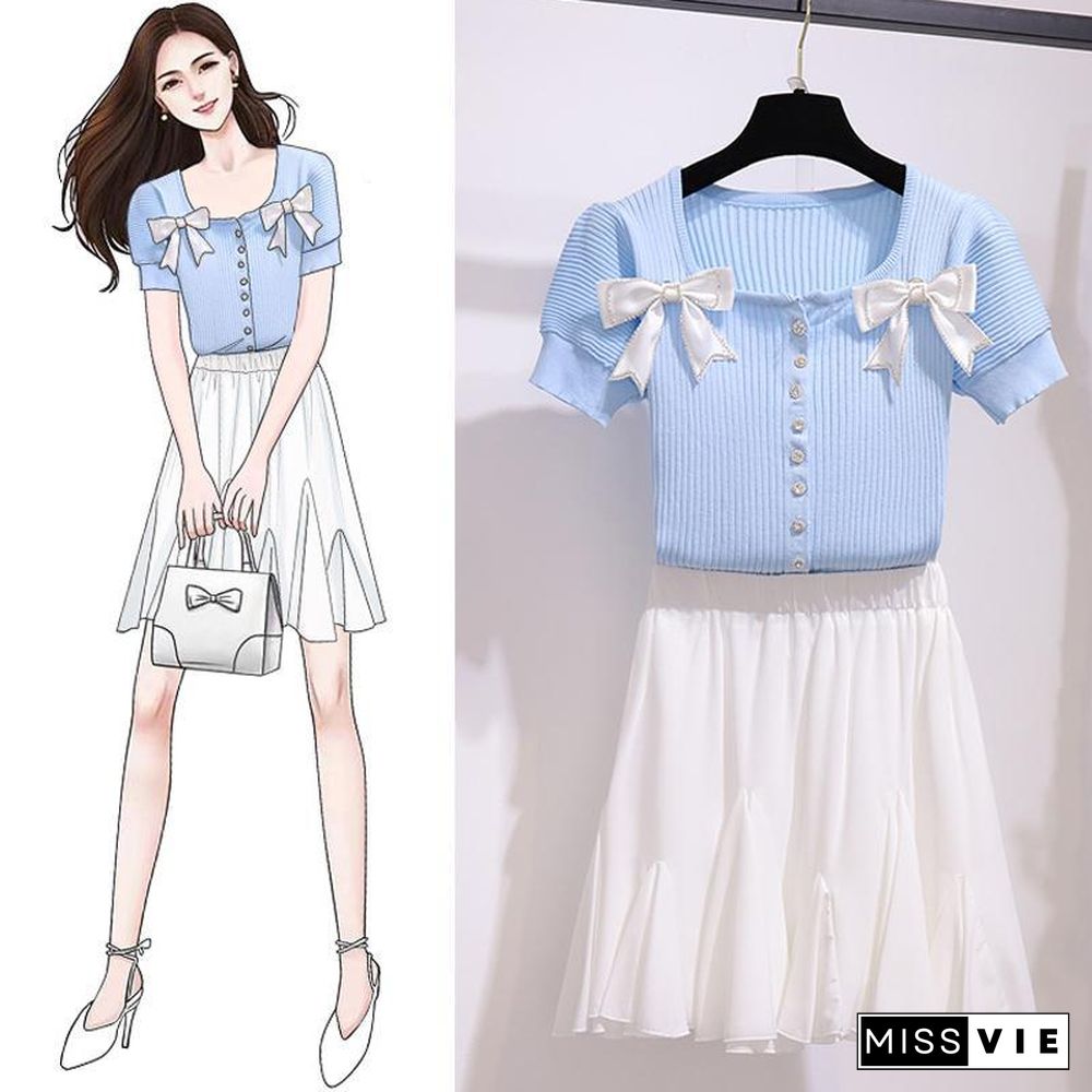 Cute Bowknot Tee+Pleated Skirt P11146